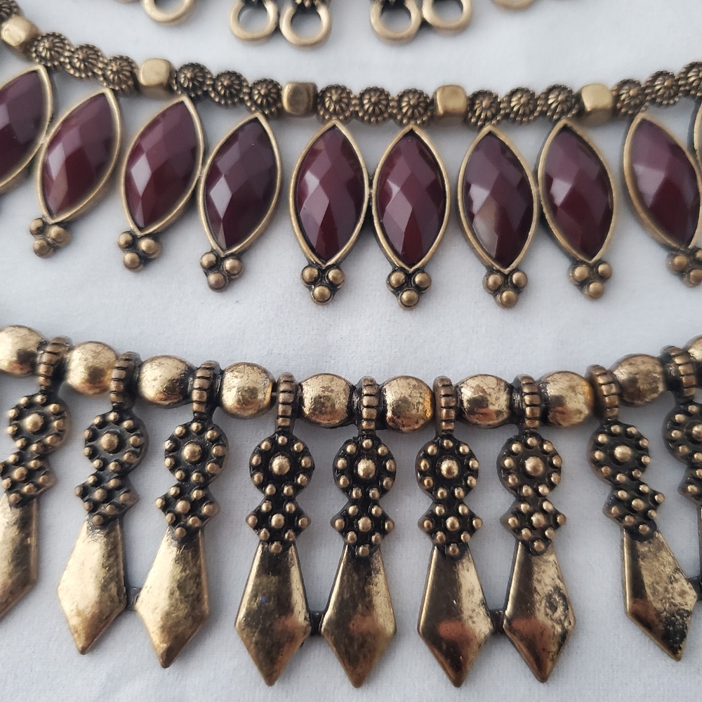 Statement Collar Necklace Large Red/Burgundy Bras… - image 5